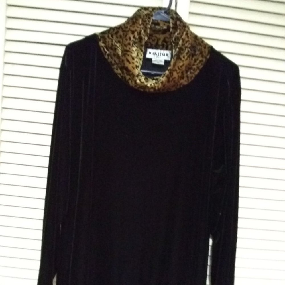 2X Joan Leslie Woman Black Velvet Leopard Turtleneck 3/4 Sleeves Blouse Top
